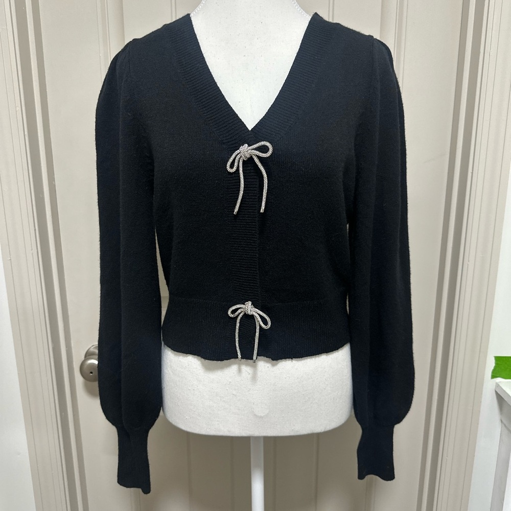 Express Black V-Neck Sweater with Bow Details